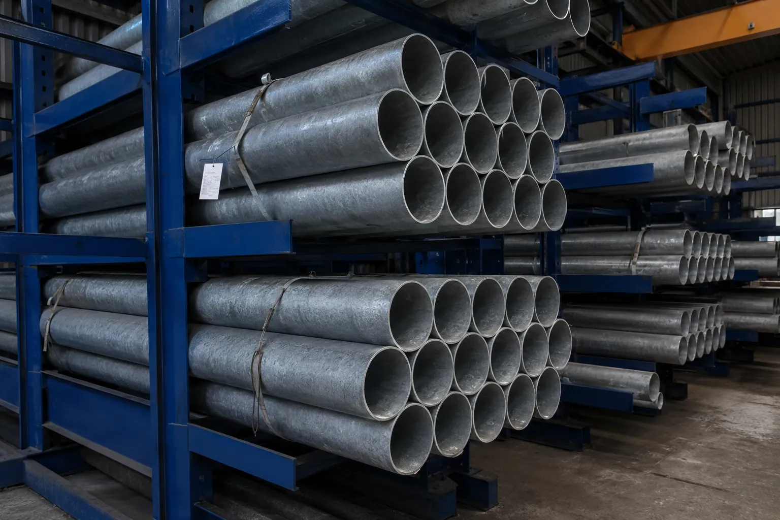 Tubos de aço galvanizado em prateleiras, prontos para entrega
