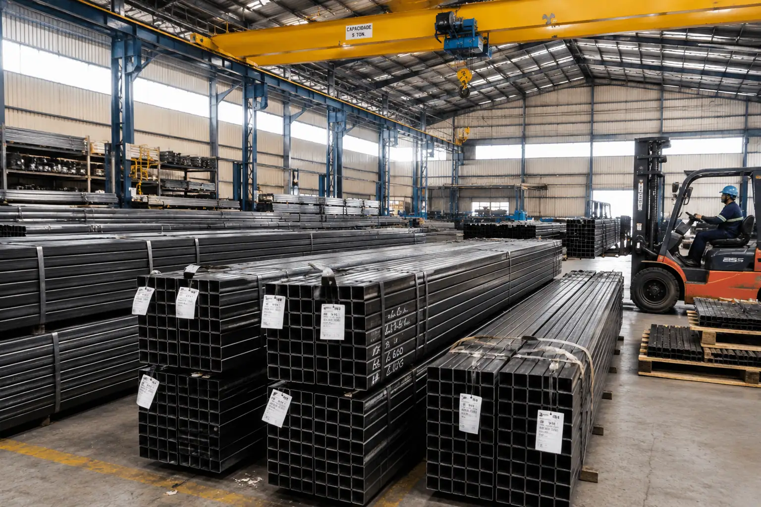 Feixes de metalon e tubo estrutural quadrado em estoque, sob ponte rolante